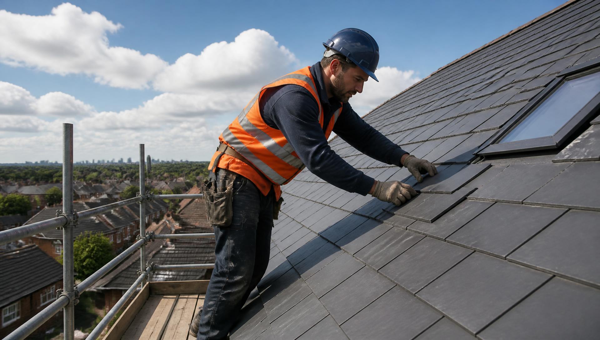 Professional roofer installing slate tiles on a residential roof in Manchester